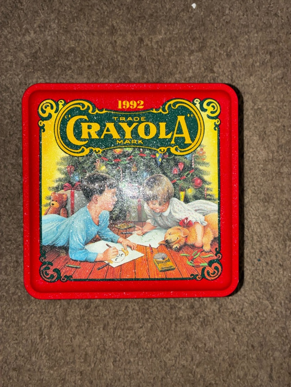 Crayola Red Tin with Vintage Holiday Illustration
